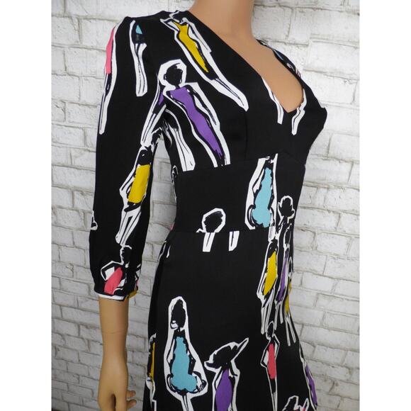 $725 Boutique Moschino Black Multi Print Crepe Midi Vneck Dress 38 US 4 NWT - Picture 6 of 16